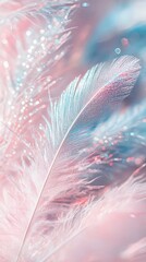 Obraz premium A delicate feather in soft pastel hues is beautifully intertwined with bubbles and a sparkling background, creating a whimsical and serene visual that embodies gentleness and tranquility.