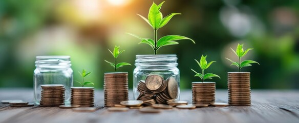A depiction of growing plants emerging from piles of coins