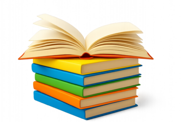 Colorful Stacked Books With an Open Book on Top, Showcasing Knowledge and Creativity