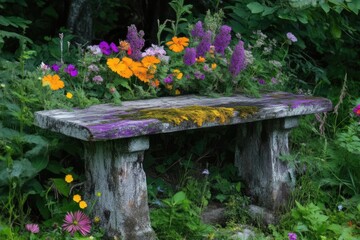 Rustic garden bench adorned with wildflowers