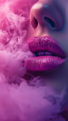 Beautiful pink lips are partially visible amidst swirling pink smoke, creating a stunning image that captivates, conveying beauty, luxury, and a touch of mystery for promotional use.