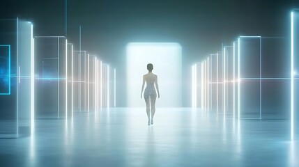 Fototapeta premium Futuristic Corridor Wireframe Figure Walking Towards Luminous Portal in a SciFi Environment