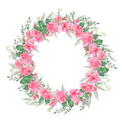Watercolor hand drawn illustration of a wreath of watercolor roses and decorative branches. A feeling of lightness and innocence. Decor for a wedding, birthday, children's party and seasonal holidays.