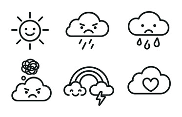 Obraz premium Weather emotion icons set – outline style meteorological and mood symbols: sun with smile, angry cloud, rainy cloud, sad cloud, stormy cloud, cloud with heart