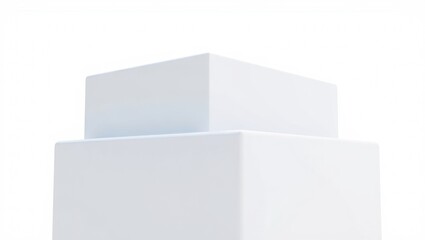 Two white cubes floating in a minimalist white space

