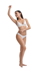 Woman with smooth skin after epilation procedure on white background