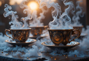 Surreal Steampunk Tea Party: Ornate Clockwork Teacups Filled with Ethereal Smoky Mist and Glowing Particles, Vintage Fantasy, Imaginative Beverage, Mysterious Drink, Steamy Illusion, Intricate Metalli
