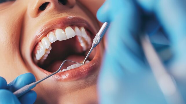A dentist is checking a patient's teeth with a tool. The patient is happy and smiling. The dentist is making sure the patient's mouth is healthy and clean.