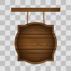 Naklejka premium Wooden board sign blank promotion and decoration with transparent background. Wood banner billboard in old vintage style hanging on a string