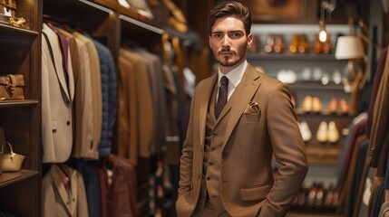 Fototapeta premium A handsome man in a brown suit poses in a clothing store. His suit has three pieces. It's the latest style for business.