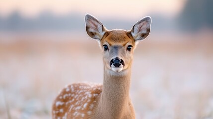 Obraz premium Fawn stares directly at camera in a wintery field