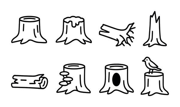 Tree stump icon set – outline style nature and ecology symbols for environment and conservation: tree trunk, broken branch, wood log, sprouting, bird perch, hollow stump, cut trunk