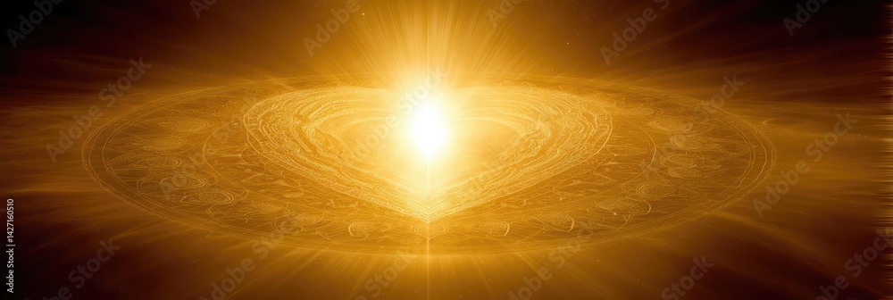 Poster golden light radiates from heart center surrounded by mandalas and celestial patterns
