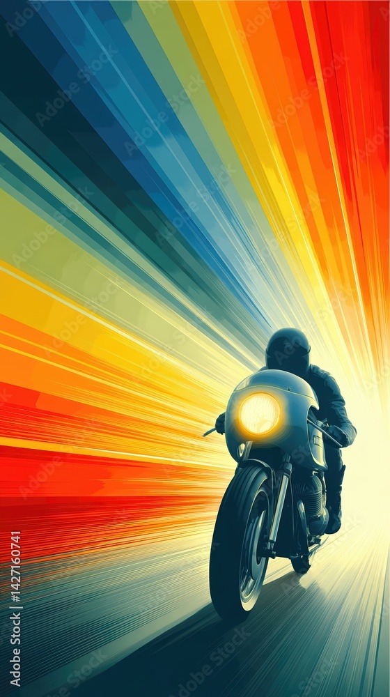 Poster biker racing through vibrant colors on a road with dynamic motion and solid background