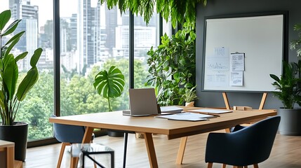 Modern minimalist workspace with large windows abundant greenery wooden table laptop and whiteboard