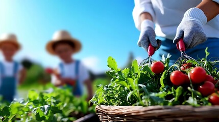 Fototapeta premium Harvesting Ripe Tomatoes and Greens in a Sunny Garden with Children Assisting