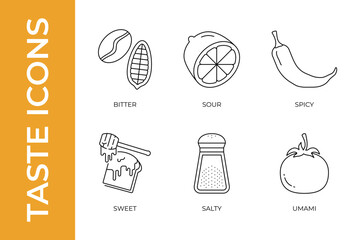Minimalistic black line icons visually representing six taste categories: bitter, sour, spicy, sweet, salty, and umami. Vector illustration