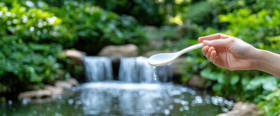 Spoon with dripping liquid over waterfall natural landscape