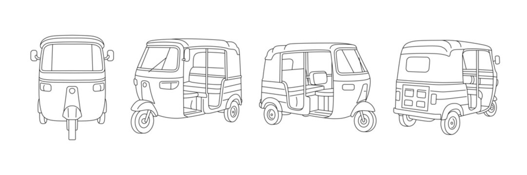 Minimalistic line drawing of a tuk tuk vehicle shown from different perspectives: front, side, and rear. Vector illustration
