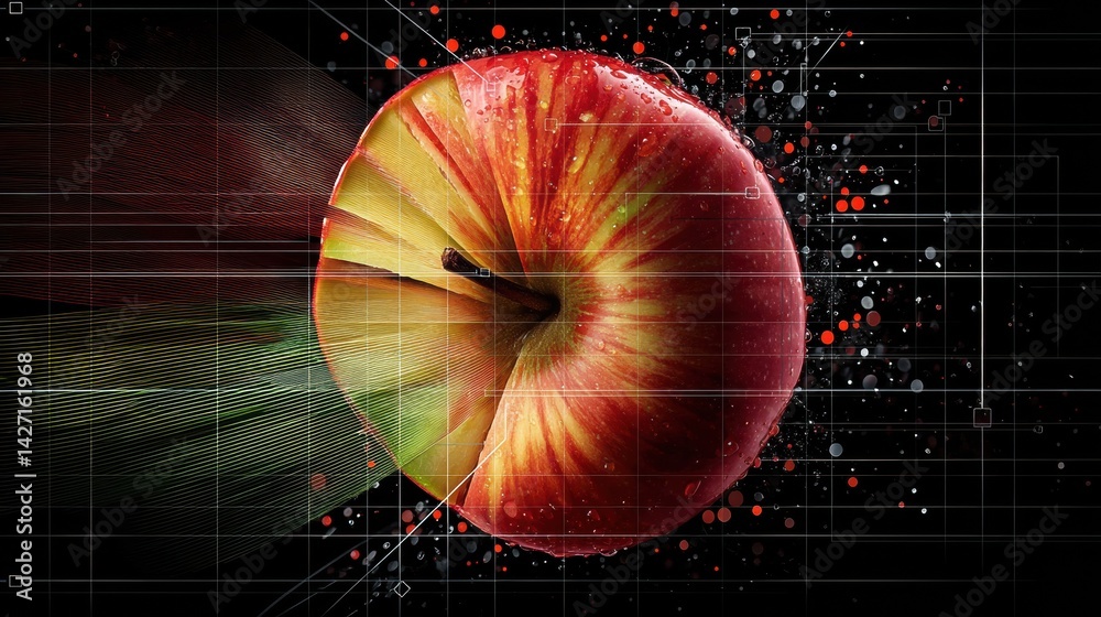 Aufkleber exploring smart nutrition with an apple slice surrounded by digital grids and vitamin points for a h