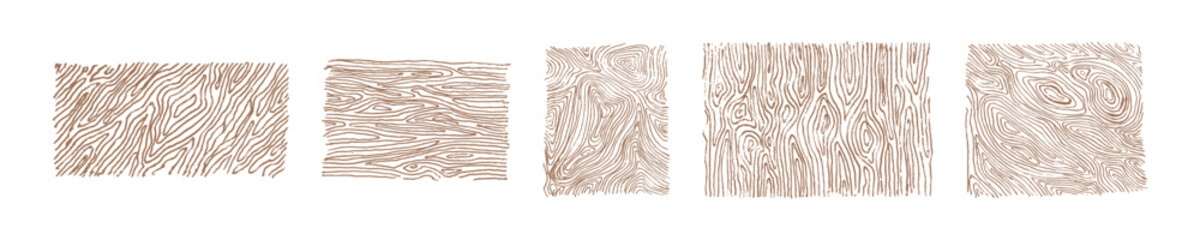 A collection of five hand-drawn wood grain patterns, each showcasing different line textures and natural wood characteristics