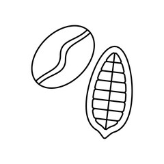 A simple black line drawing of a coffee bean and a cacao bean, showcasing the natural shapes. Cafe shop symbol. Vector illustration
