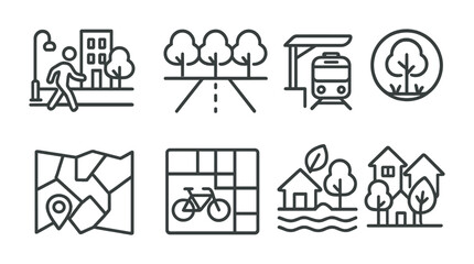 Cityscape and urban planning icon set – outline style symbols for architecture, public transit, and green spaces: skyscraper, tree-lined street, tram, map, bicycle lane, homes, park