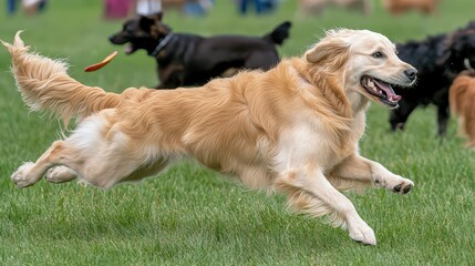 Golden retriever joyfully leaps in a park while other dogs play in the background