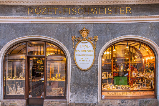 Facade of the Rozet & Fischmeister jewelry, which was established in 1770, has been among Vienna's most famous gold and silversmiths, with sophisticated range of products offered. Vienna  Austria 2019