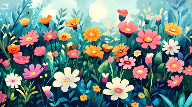 A vibrant wildflower meadow sparks joy with its colorful blooms and delicate details. Spark Petal. Illustration