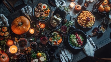 A lavish, autumnal feast with dark, mystical decor.