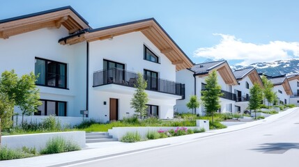 Alpine Homes Landscaping Modern Architectural High-Resolution Wide Shot Lush Gardens Row of Houses Mountain View Bright Clean Aesthetics Real Estate Marketing