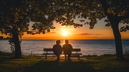 Serene sunset view shared by two people on a park bench overlooking a lake.