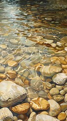 Obraz premium Clear Shallow Stream Bed Texture with Pebbles and Sand Refreshing Background