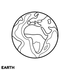 Outline cartoon planet Earth of solar system. Contour vector baby illustration on space theme. Isolated black and white illustration on white background. Picture in childish style.
