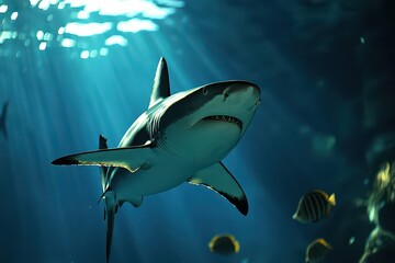 Obraz premium Majestic shark gliding through clear ocean waters, surrounded by colorful fish and sunbeams