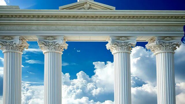 Classical style building facade with ornate white columns framing clear blue skies and fluffy cumulus clouds on a sunny day backdrop.