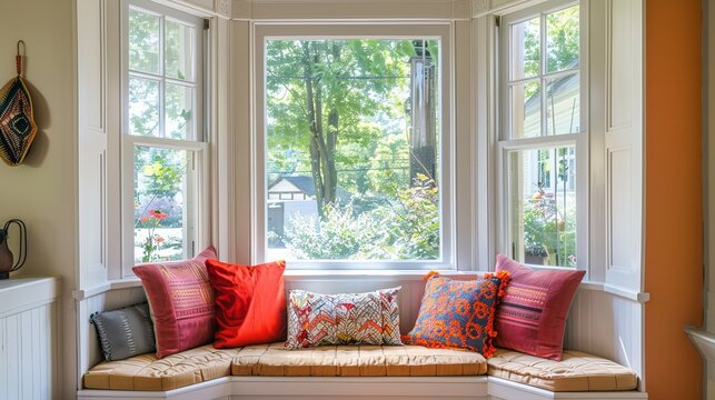 Charming Victorian-style bay window with cozy built-in bench and colorful cushions.