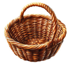 Empty wicker basket with handle isolated on transparent background