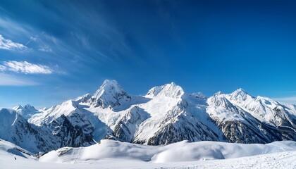a snowy mountain range under a bright blue sky