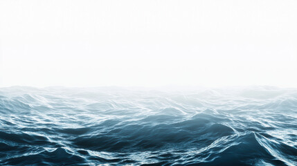 Fototapeta premium A tranquil, misty sea with gentle waves rolling towards the horizon, creating a serene and peaceful atmosphere in a monochromatic blue and white seascape view.