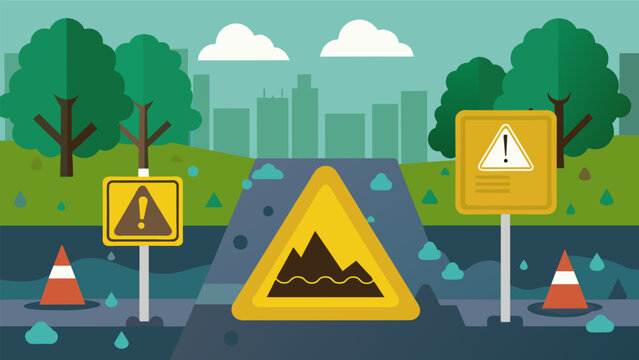During rainy days a sign near the main entrance alerts workers of the potential for mudslides and provides instructions on proper cleanup and. Vector illustration