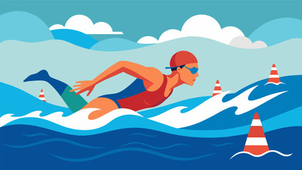 Fototapeta premium A triathlete fighting against fierce winds and choppy waves swimming towards the finish buoy in the open water.. Vector illustration