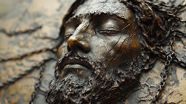 Bound chains of tarnished metal Azazel faces his punishment corrupting humanity scene rendered aged metal engraving style rust brown copper hues captures his fall grace depicted in the Book of Enoch