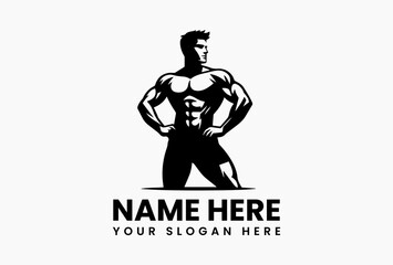 Abstract fitness logo icon featuring muscular male figure, minimalist gym vector silhouette isolated on white background for sports identity