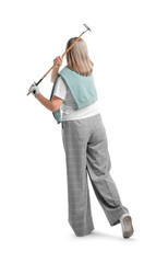 Senior woman with golf club on white background, back view