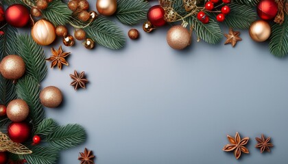 christmas background with decorative border of christmas tree decorations