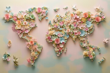 A world map formed using delicate paper flowers, with each continent outlined by floral arrangements, set on a soft pastel background