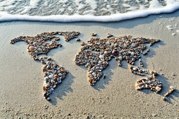 A world map formed from seashells and corals, placed on the beach sand