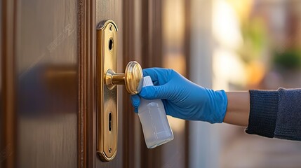 Person wearing gloves sanitizes a doorknob at an entrance during daylight hours